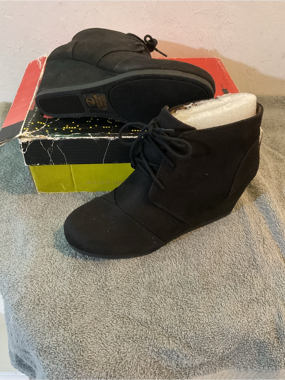 City Streets Black Lace-Up Wedge Ankle Booties - Picture 3 of 4